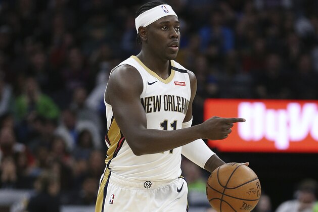 New Orleans Pelicans' Jrue Holiday in the second half of an NBA basketball game against the Minnesota Timberwolves, Sunday, March 8, 2020, in Minneapolis. The Pelicans won 120-107. (AP Photo/Stacy Bengs)