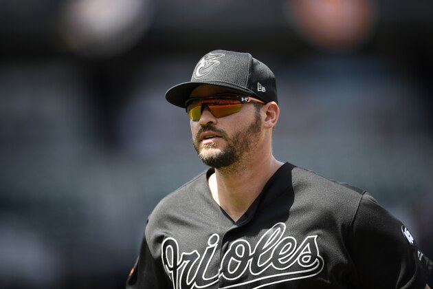 Baltimore Orioles' Trey Mancini looks on during a baseball game against the Tampa Bay Rays, Sunday, Aug. 25, 2019, in Baltimore. (AP Photo/Nick Wass)
