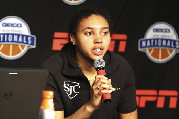 St. John's (DC) Azzi Fudd is seen at a press conference at the Geico High School Basketball Nationals in New York on Saturday, April 6, 2019. (AP Photo/Gregory Payan)