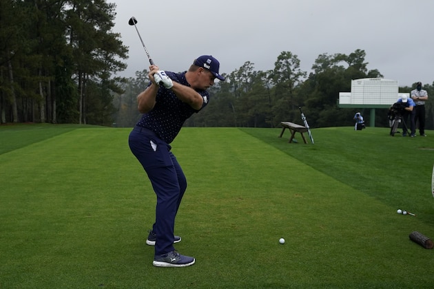 Bryson DeChambeau hits his tee shot on the 10th hole during a practice round at the Masters golf tournament Wednesday, Nov. 11, 2020, in Augusta, Ga. (AP Photo/David J. Phillip)