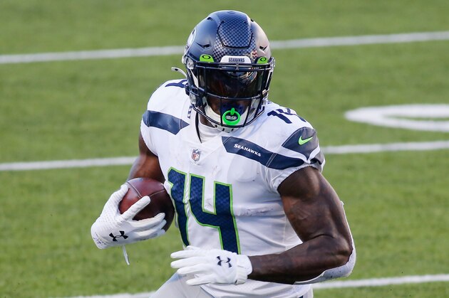 Seattle Seahawks' DK Metcalf (14) during the second half of an NFL football game against the Buffalo Bills Sunday, Nov. 8, 2020, in Orchard Park, N.Y. (AP Photo/Jeffrey T. Barnes)