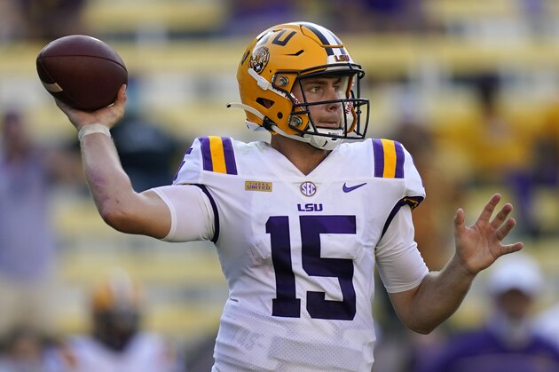 LSU quarterback Myles Brennan (15) passes in the second half an NCAA college football game against Mississippi State in Baton Rouge, La., Saturday, Sept. 26, 2020. Mississippi State won 44-34. (AP Photo/Gerald Herbert)