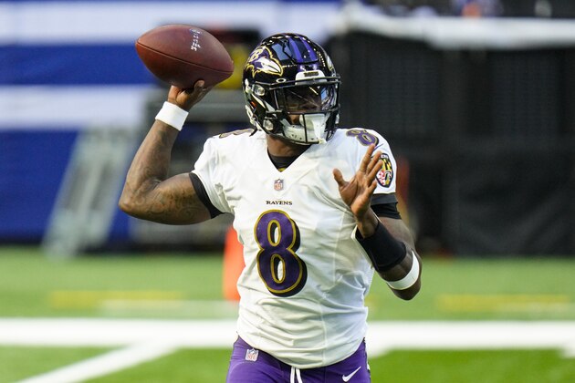 Baltimore Ravens quarterback Lamar Jackson (8) throw against the Indianapolis Colts in the first half of an NFL football game in Indianapolis, Sunday, Nov. 8, 2020. (AP Photo/AJ Mast)