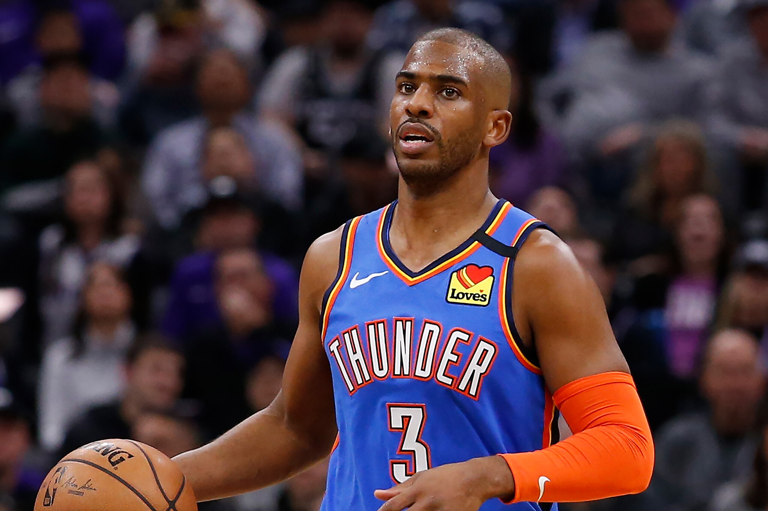 Oklahoma City Thunder guard Chris Paul during the first quarter of an NBA basketball game against the Sacramento Kings in Sacramento, Calif., Wednesday, Jan. 29, 2020. The Thunder won 120-100. (AP Photo/Rich Pedroncelli)