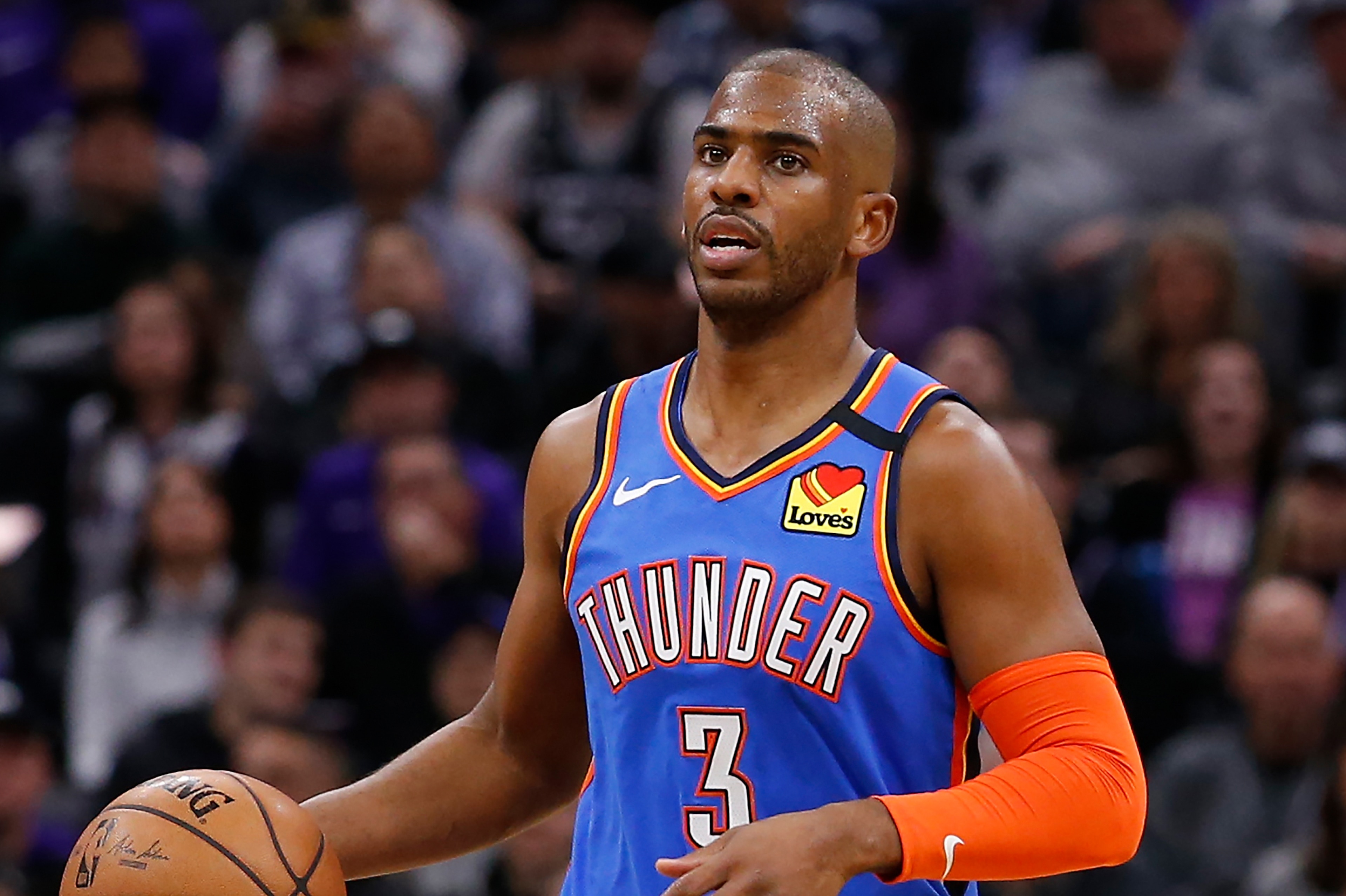 Oklahoma City Thunder guard Chris Paul during the first quarter of an NBA basketball game against the Sacramento Kings in Sacramento, Calif., Wednesday, Jan. 29, 2020. The Thunder won 120-100. (AP Photo/Rich Pedroncelli) Oklahoma City Thunder guard Chris Paul during the first quarter of an NBA basketball game against the Sacramento Kings in Sacramento, Calif., Wednesday, Jan. 29, 2020. The Thunder won 120-100. (AP Photo/Rich Pedroncelli)