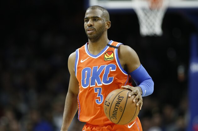 Oklahoma City Thunder's Chris Paul plays during an NBA basketball game against the Philadelphia 76ers, Monday, Jan. 6, 2020, in Philadelphia. (AP Photo/Matt Slocum)