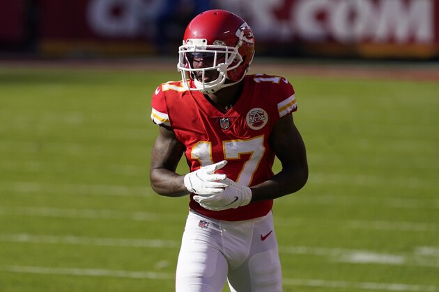 Kansas City Chiefs wide receiver Mecole Hardman in action during an NFL football game against the Carolina Panthers Sunday, Nov. 8, 2020, in Kansas City, Mo. (AP Photo/Jeff Roberson)