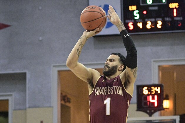 Charleston guard Grant Riller (1) goes up for a shot during the first half of an NCAA college basketball game Thursday, Nov. 22, 2018, in Lake Buena Vista, Fla. (AP Photo/Phelan M. Ebenhack)