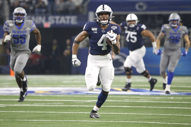 Penn State running back Journey Brown (4) carries the ball to the end zone for a touchdown against Memphis in the first half of the NCAA Cotton Bowl college football game, Saturday, Dec. 28, 2019, in Arlington, Texas. (AP Photo/Ron Jenkins) Penn State running back Journey Brown (4) carries the ball to the end zone for a touchdown against Memphis in the first half of the NCAA Cotton Bowl college football game, Saturday, Dec. 28, 2019, in Arlington, Texas. (AP Photo/Ron Jenkins)