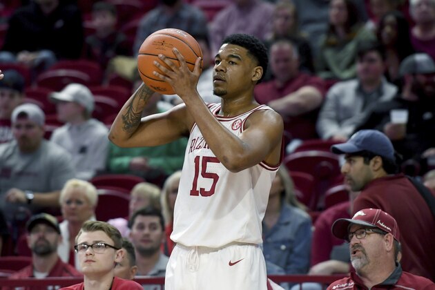 Arkansas guard Mason JonesÂ (15) against LSU during the first half of an NCAA college basketball game Wednesday, March 4, 2020, in Fayetteville, Ark. (AP Photo/Michael Woods)