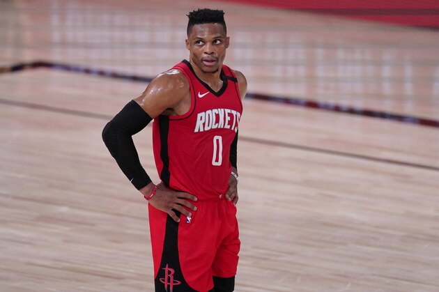 Houston Rockets' Russell Westbrook (0) looks up during the second half of an NBA conference semifinal playoff basketball game against the Los Angeles Lakers Thursday, Sept. 10, 2020, in Lake Buena Vista, Fla. The Lakers won 110-100. (AP Photo/Mark J. Terrill)