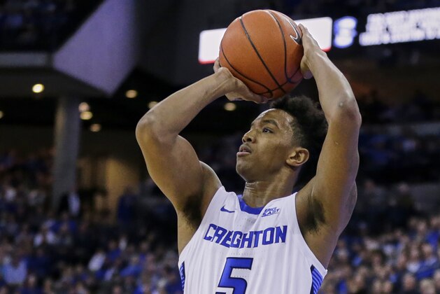 Creighton's Ty-Shon Alexander (5) shoots during the second half of an NCAA college basketball game against Butler in Omaha, Neb., Sunday, Feb. 23, 2020. (AP Photo/Nati Harnik)