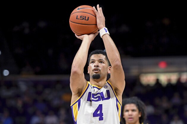 LSU guard Skylar Mays (4) concentrates on a free throw in the first half of an NCAA college basketball game, Tuesday, Feb. 11, 2020, in Baton Rouge, La. (AP Photo/Bill Feig)