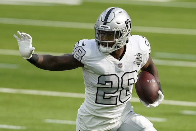 Las Vegas Raiders running back Josh Jacobs during the first half of an NFL football game against the Los Angeles Chargers, Sunday, Nov. 8, 2020, in Inglewood, Calif. (AP Photo/Ashley Landis)