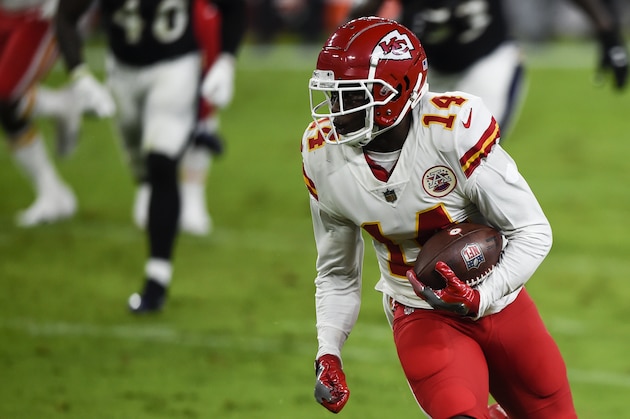 Kansas City Chiefs wide receiver Sammy Watkins (14) runs with the ball during the first half of an NFL football game Baltimore Ravens, Monday, Sept. 28, 2020, in Baltimore. (AP Photo/Gail Burton)