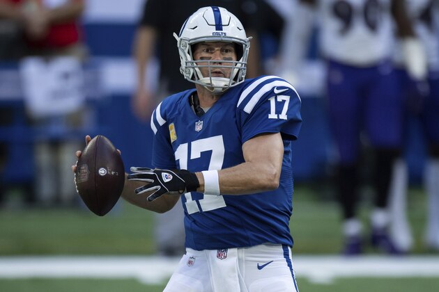 Indianapolis Colts quarterback Philip Rivers (17) throws to the sidelines during an NFL football game between the Indianapolis Colts and Baltimore Ravens, Sunday, Nov. 8, 2020, in Indianapolis. (AP Photo/Zach Bolinger)