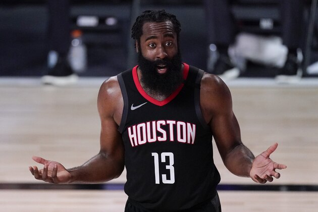 Houston Rockets' James Harden (13) argues a call during the second half of an NBA conference semifinal playoff basketball game against the Los Angeles Lakers Saturday, Sept. 12, 2020, in Lake Buena Vista, Fla. (AP Photo/Mark J. Terrill)