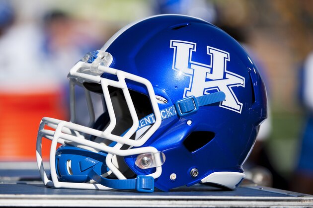 A Kentucky football helmet sits on the bench before the Missouri start of an NCAA college football game against Saturday, Nov. 1, 2014, in Columbia, Mo. (AP Photo/L.G. Patterson)