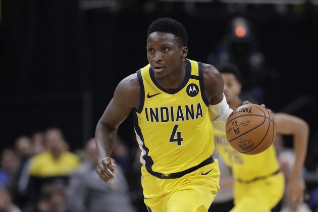 Indiana Pacers' Victor Oladipo (4) dribbles during the second half of an NBA basketball game against the Toronto Raptors, Friday, Feb. 7, 2020, in Indianapolis. Toronto won 115-106. (AP Photo/Darron Cummings)