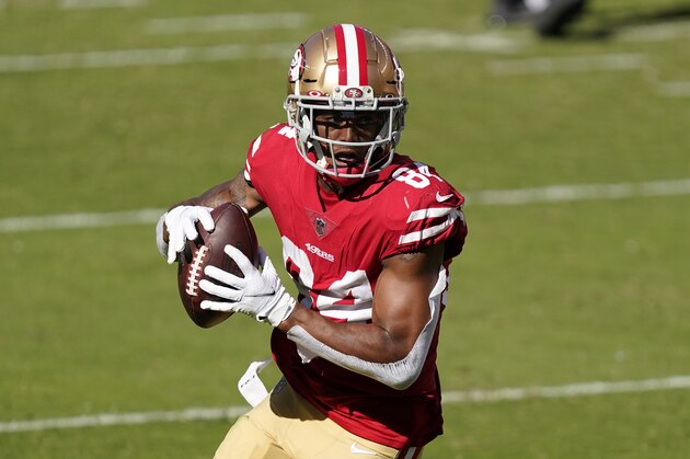 San Francisco 49ers wide receiver Kendrick Bourne (84) against the Miami Dolphins during an NFL football game in Santa Clara, Calif., Sunday, Oct. 11, 2020. (AP Photo/Tony Avelar)