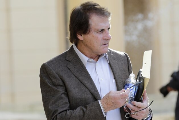 Arizona Diamondbacks Chief Baseball Officer Tony La Russa walks from a meeting of MLB owners, Wednesday, Jan. 20, 2016, in Coral Gables, Fla. The two-day meeting of baseball owners is expected to include updates on stadium security, preventing takeout slides at second base, and instant replay. (AP Photo/Lynne Sladky)