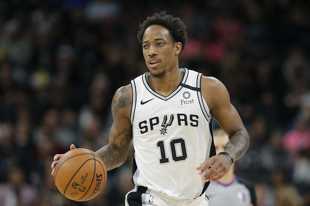 San Antonio Spurs forward DeMar DeRozan (10) during the second half of an NBA basketball game against the Orlando Magic in San Antonio, Saturday, Feb. 29, 2020. (AP Photo/Eric Gay)
