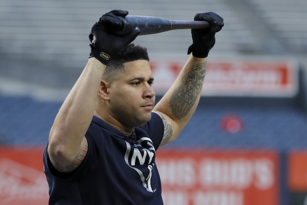 New York Yankees catcher Gary Sanchez prepares to take batting practice before Game 4 of baseball's American League Championship Series against the Houston Astros Thursday, Oct. 17, 2019, in New York. (AP Photo/Matt Slocum)