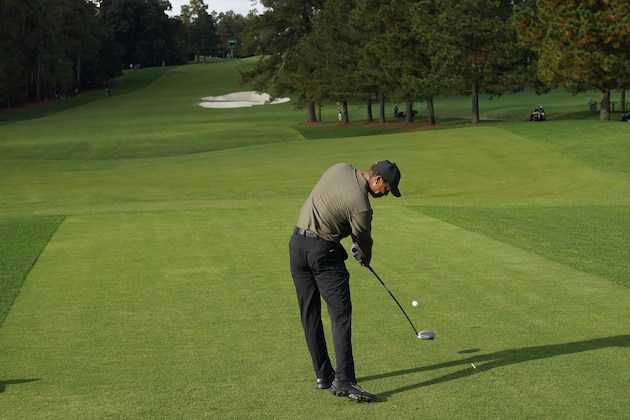 Tiger Woods drives on the eighth tee during the first round of the Masters golf tournament Thursday, Nov. 12, 2020, in Augusta, Ga. (AP Photo/David J. Phillip)