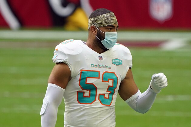 Miami Dolphins middle linebacker Kyle Van Noy (53) during an NFL football game against the Arizona Cardinals, Sunday, Nov. 8, 2020, in Glendale, Ariz. (AP Photo/Rick Scuteri)