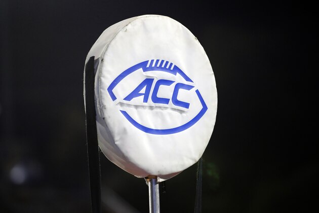 The ACC logo sits atop the chain marker during the second half of an NCAA college football game between Duke and North Carolina A&T in Durham, N.C., Saturday, Sept. 7, 2019. (AP Photo/Karl B DeBlaker)