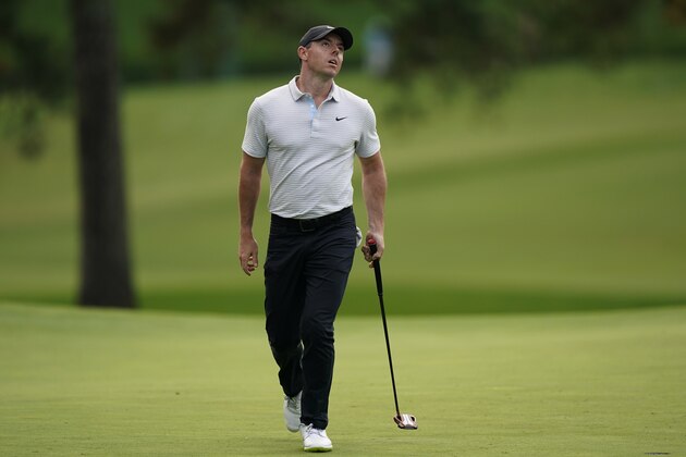 Rory McIlroy, of Northern Ireland, reacts after missing a putt on the seventh hole during the first round of the Masters golf tournament Thursday, Nov. 12, 2020, in Augusta, Ga. (AP Photo/David J. Phillip)