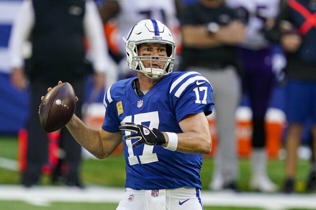 Indianapolis Colts quarterback Philip Rivers (17) throws against the Baltimore Ravens in the first half of an NFL football game in Indianapolis, Sunday, Nov. 8, 2020. (AP Photo/Darron Cummings)