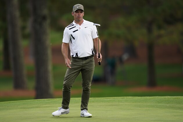 Paul Casey, of England, watches his ball as hie misses a birdie putt on the seventh hole during the first round of the Masters golf tournament Thursday, Nov. 12, 2020, in Augusta, Ga. (AP Photo/David J. Phillip)