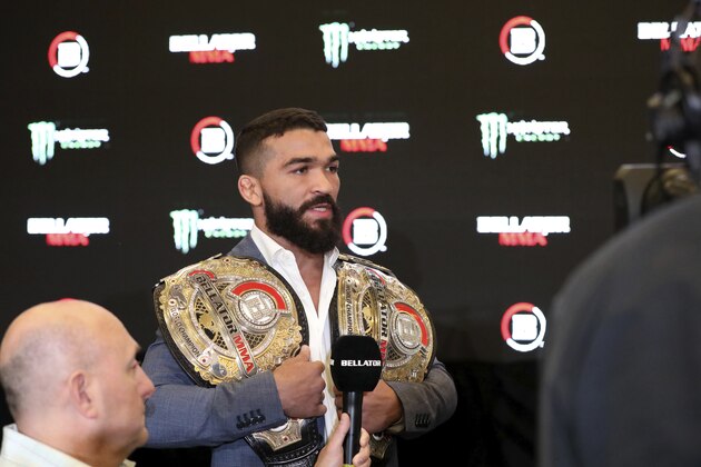 Patricio 'Pitbull' Freire speaks to the media at a news conference promoting the Bellator Spring & Summer fight cards on Monday, March 9, 2020, in New York City. (AP Photo/Gregory Payan)
