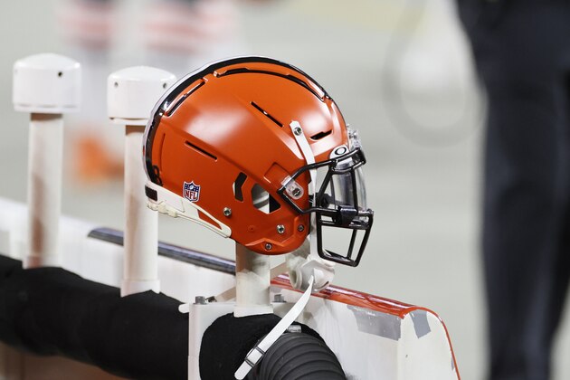 A Cleveland Browns helmet sits on the bench during the first half of an NFL football game against the Cincinnati Bengals, Thursday, Sept. 17, 2020, in Cleveland. (AP Photo/Ron Schwane)