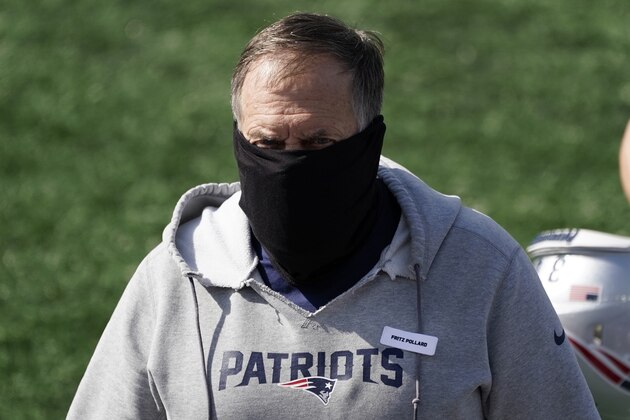 New England Patriots head coach Bill Belichick wears a mask during the coronavirus pandemic before an NFL football game against the Denver Broncos, Sunday, Oct. 18, 2020, in Foxborough, Mass. (AP Photo/Charles Krupa)