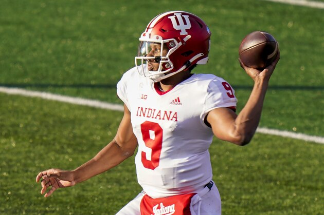 Indiana quarterback Michael Penix Jr. throws a pass during the second quarter of the team's NCAA college football game against Rutgers, Saturday, Oct. 31, 2020, in Piscataway, N.J. (AP Photo/Corey Sipkin)