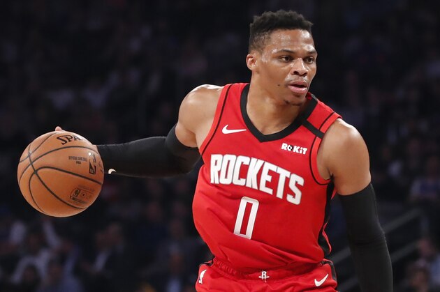 Houston Rockets guard Russell Westbrook (0) drives to the basket during the first quarter of an NBA basketball game against the New York Knicks in New York, Monday, March 2, 2020. (AP Photo/Kathy Willens)