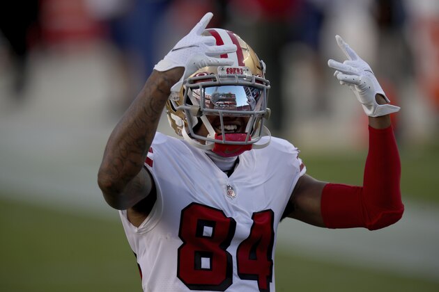 San Francisco 49ers wide receiver Kendrick Bourne (84) on the field during an NFL football game against the Los Angeles Rams, Sunday, Oct. 18, 2020, in Santa Clara, Calif. (AP Photo/Scot Tucker)