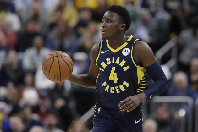 Indiana Pacers' Victor Oladipo (4) dribbles during the second half of an NBA basketball game against the New York Knicks, Saturday, Feb. 1, 2020, in Indianapolis. New York won 92-85. (AP Photo/Darron Cummings)