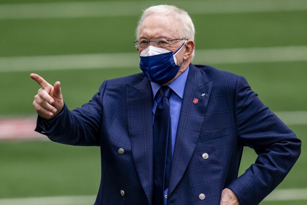 Dallas Cowboys owner Jerry Jones waves to fans before an NFL football game against the Pittsburgh Steelers, Sunday, Nov. 8, 2020, in Arlington, Texas. Pittsburgh won 24-19. (AP Photo/Brandon Wade)