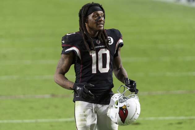 Arizona Cardinals wide receiver DeAndre Hopkins (10) reacts on the field during an NFL football game against the Seattle Seahawks, Sunday, Oct. 25, 2020, in Glendale, Ariz. The Arizona Cardinals won in overtime. (AP Photo/Jennifer Stewart)