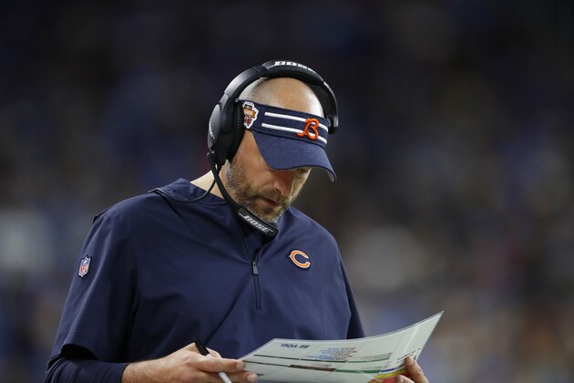 Chicago Bears head coach Matt Nagy looks at his play sheet during the first half of an NFL football game against the Detroit Lions, Thursday, Nov. 28, 2019, in Detroit. (AP Photo/Paul Sancya)