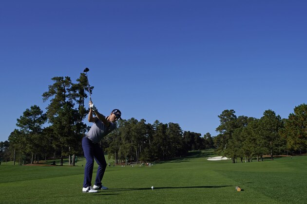 Justin Thomas tees off on the eighth hole during the second round of the Masters golf tournament Friday, Nov. 13, 2020, in Augusta, Ga. (AP Photo/David J. Phillip)