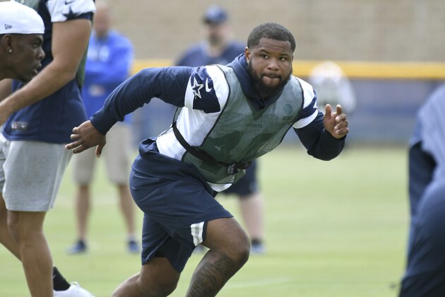 Dallas Cowboys running back Mike Weber Jr. works on a special teams drill at the NFL football team's training camp in Oxnard, Calif., Monday, July 29, 2019. (AP Photo/Michael Owen Baker)