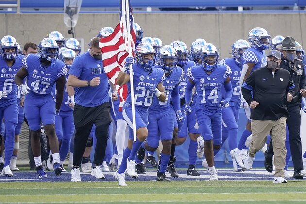 Kentucky players run onto the field before an NCAA college football game against Vanderbilt, Saturday, Nov. 14, 2020, in Lexington, Ky. (AP Photo/Bryan Woolston)