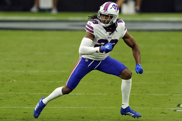 Buffalo Bills cornerback Josh Norman #29 defends a play against the Las Vegas Raiders during the first half of an NFL football game, Sunday, Oct. 4, 2020, in Las Vegas. (AP Photo/Jeff Bottari)