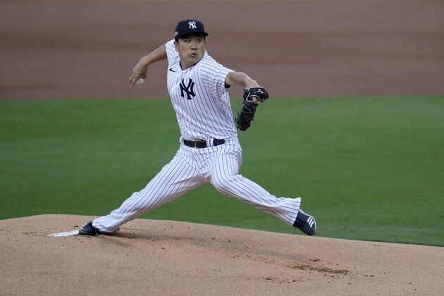 New York Yankees starting pitcher Masahiro Tanaka (19) throws against the Tampa Bay Rays during the first inning in Game 3 of a baseball American League Division Series, Wednesday, Oct. 7, 2020, in San Diego. (AP Photo/Gregory Bull)