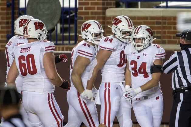 Wisconsin fullback Mason Stokke (34) celebrates his touchdown with teammates in the first quarter of an NCAA college football game against Michigan in Ann Arbor, Mich., Saturday, Nov. 14, 2020. (AP Photo/Tony Ding)