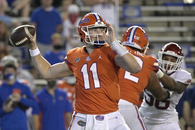 Florida quarterback Kyle Trask (11) looks to throw a pass during the first half of an NCAA college football game against Arkansas, Saturday, Nov. 14, 2020, in Gainesville, Fla. (AP Photo/Phelan M. Ebenhack)